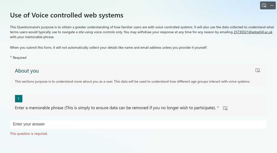 An questionnaire created for the site